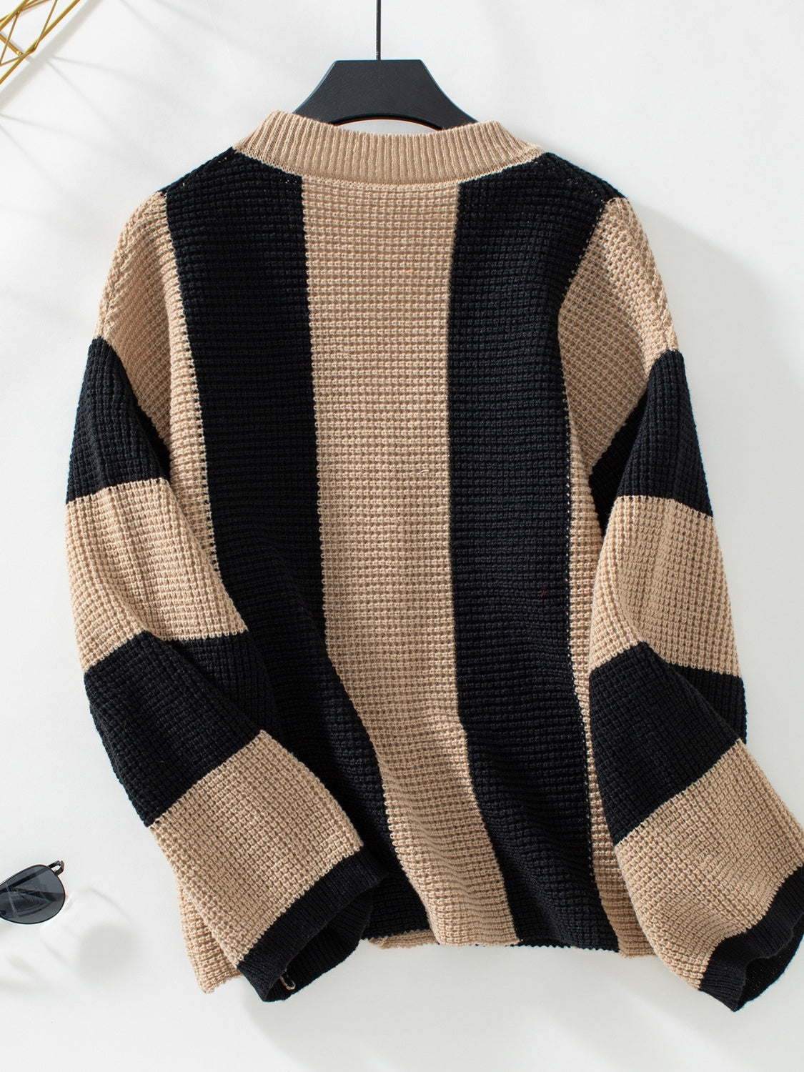 Waffle-Knit V-Neck Striped Long Sleeve Cardigan-Angel Casuals