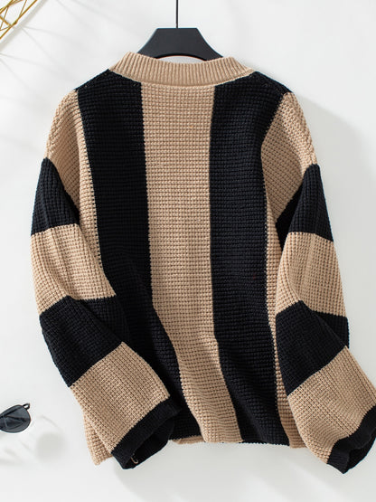 Waffle-Knit V-Neck Striped Long Sleeve Cardigan-Angel Casuals
