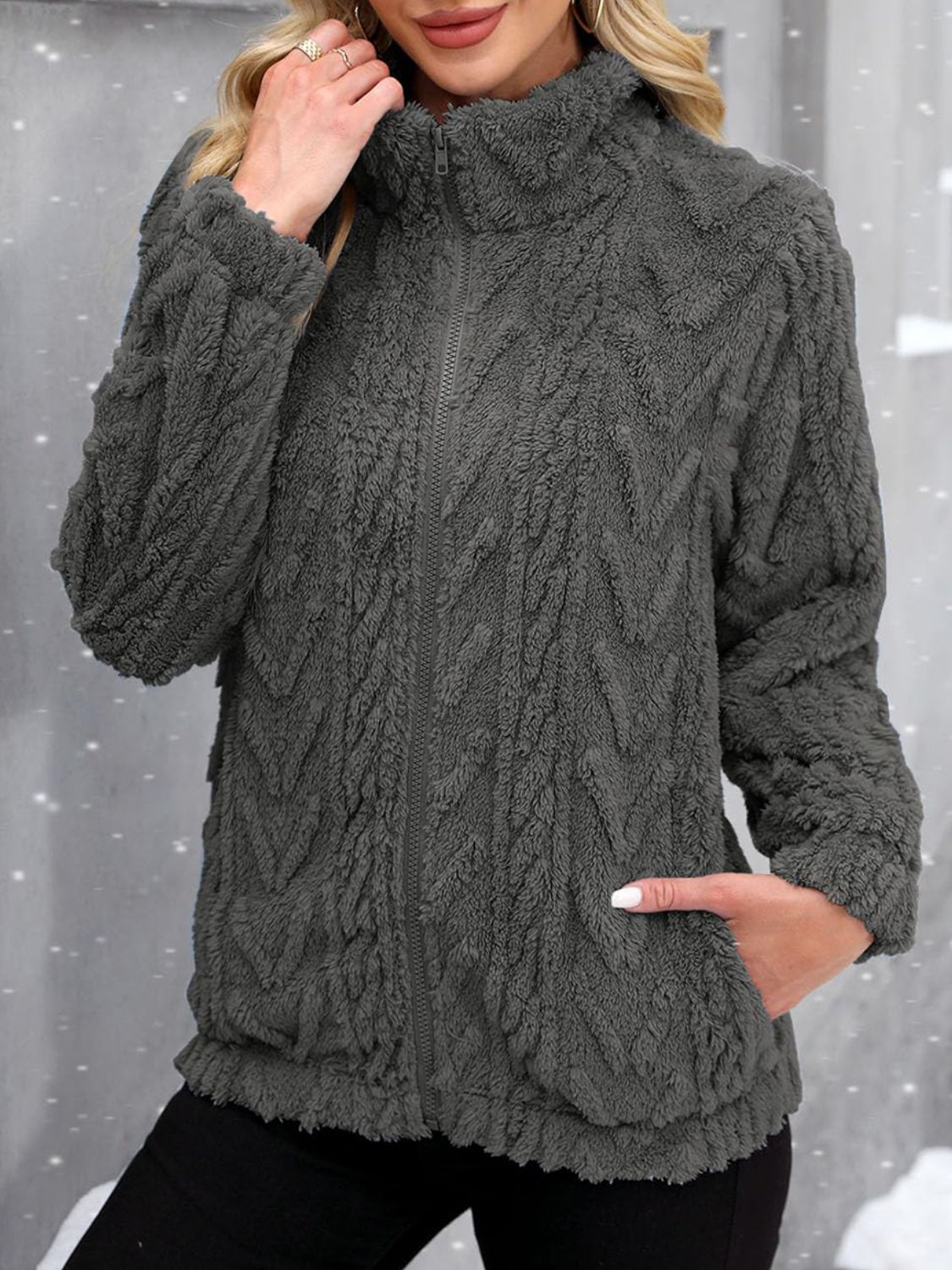 Fuzzy Zip Up Long Sleeve Jacket-Angel Casuals