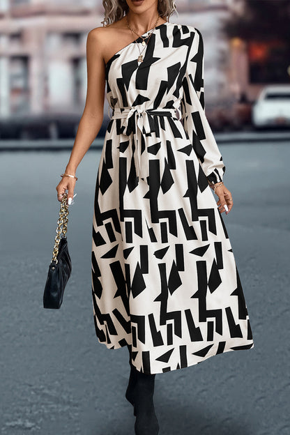 Printed One-Shoulder Tie Waist Dress-Angel Casuals