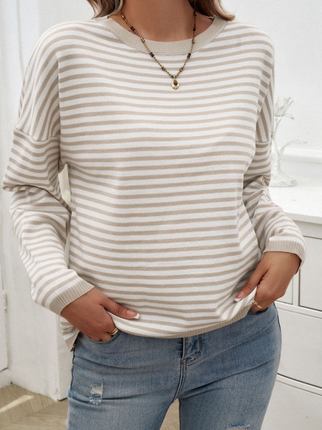 Devine Striped Round Neck Dropped Shoulder Sweater-Angel Casuals