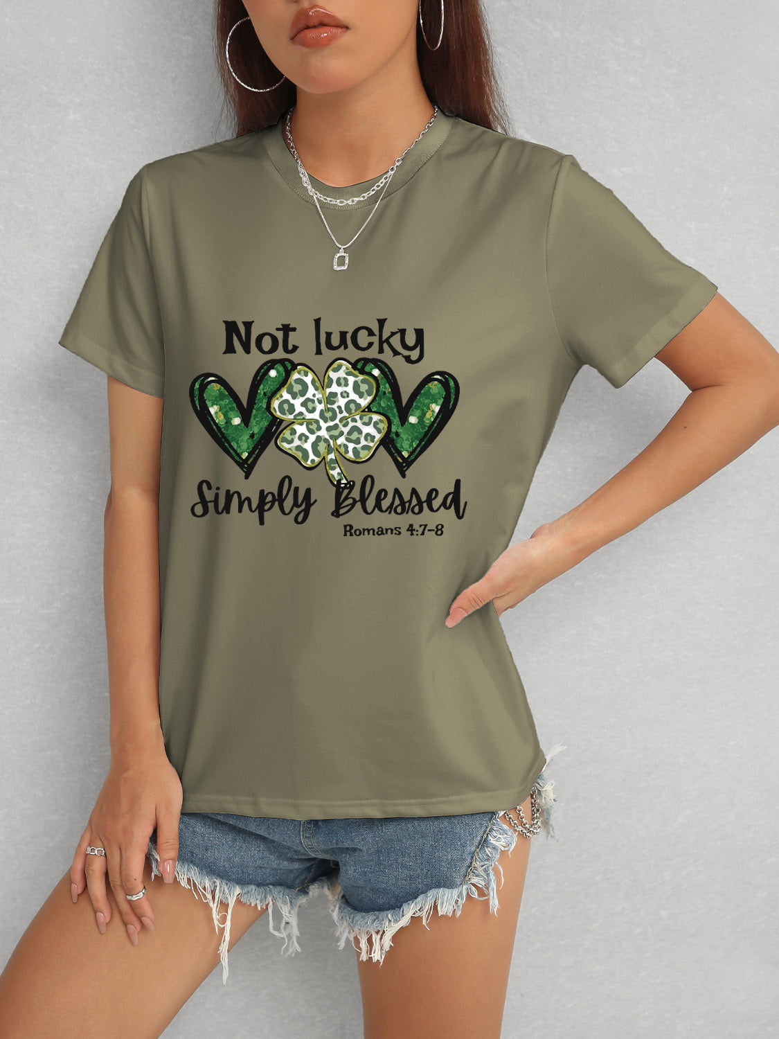Lucky Clover Round Neck Short Sleeve T-Shirt-Angel Casuals