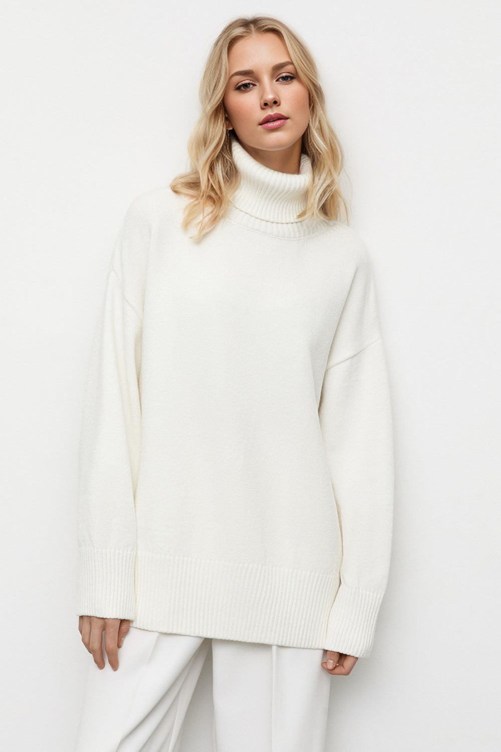 Basic Bae Turtleneck Dropped Shoulder Long Sleeve Sweater-Angel Casuals