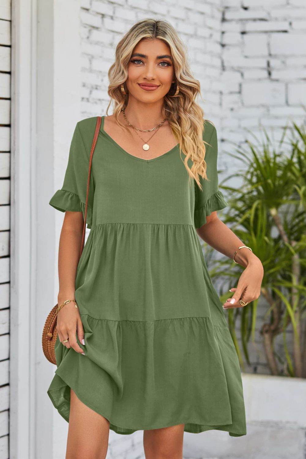 V-Neck Flounce Sleeve Tiered Dress-Angel Casuals