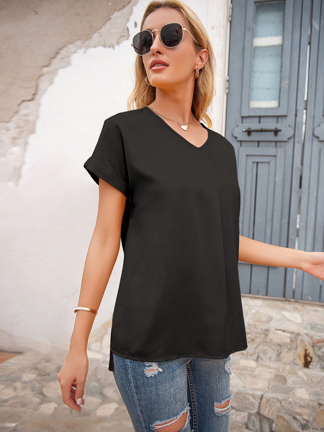 V-Neck Short Sleeve T-Shirt-Angel Casuals
