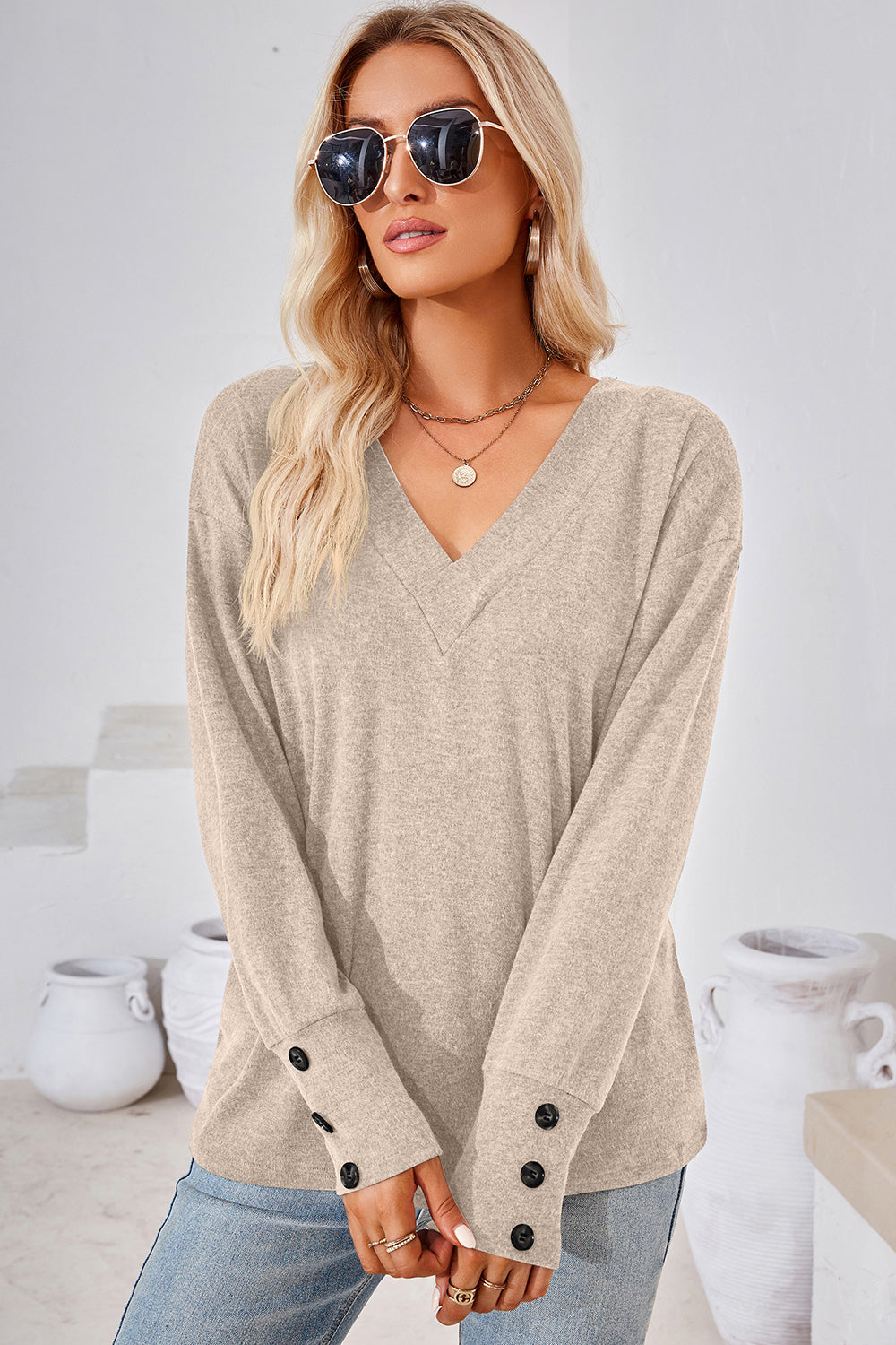 V-Neck Dropped Shoulder T-Shirt-Angel Casuals