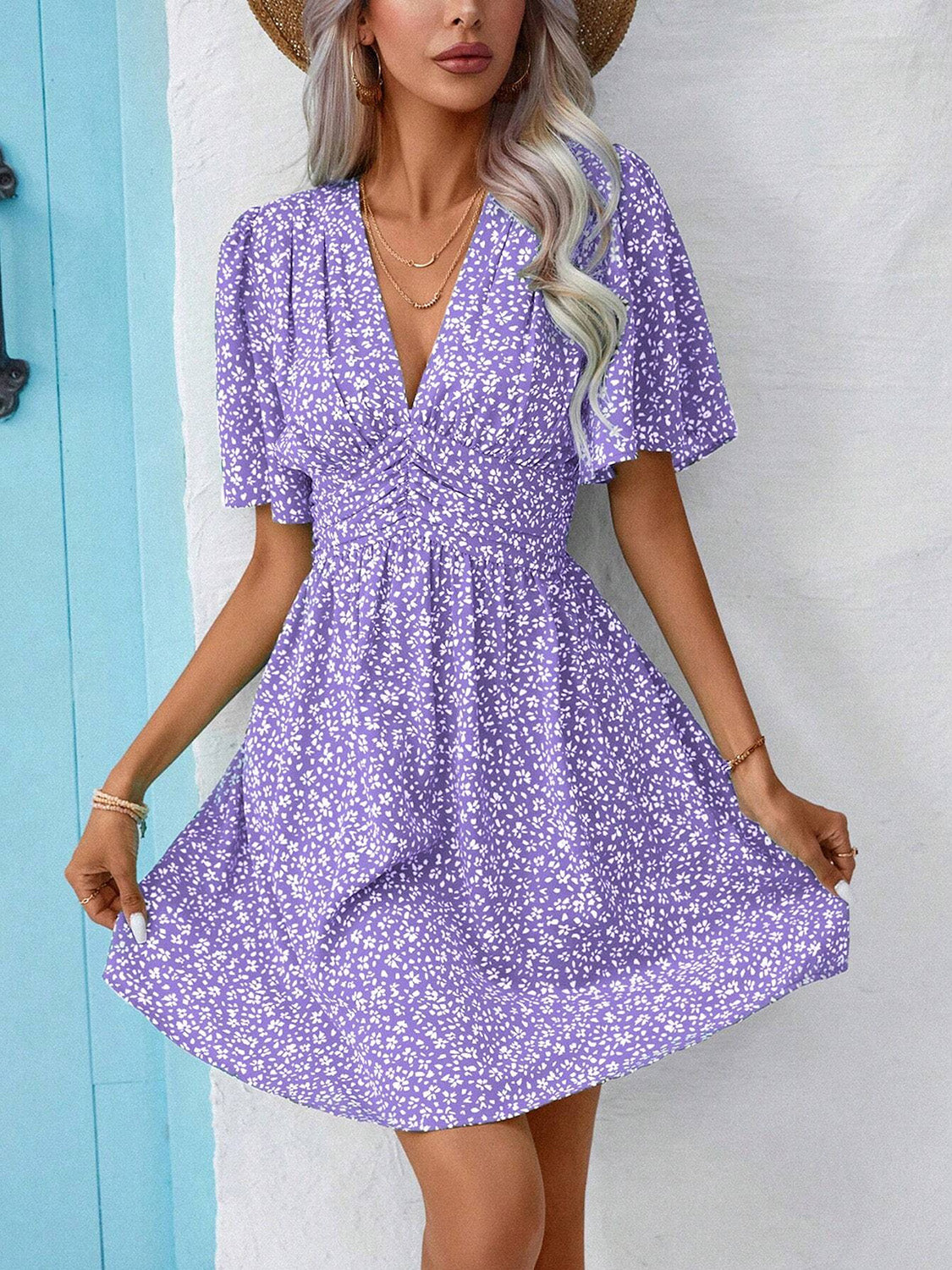 Printed V-Neck Half Sleeve Mini Dress-Angel Casuals