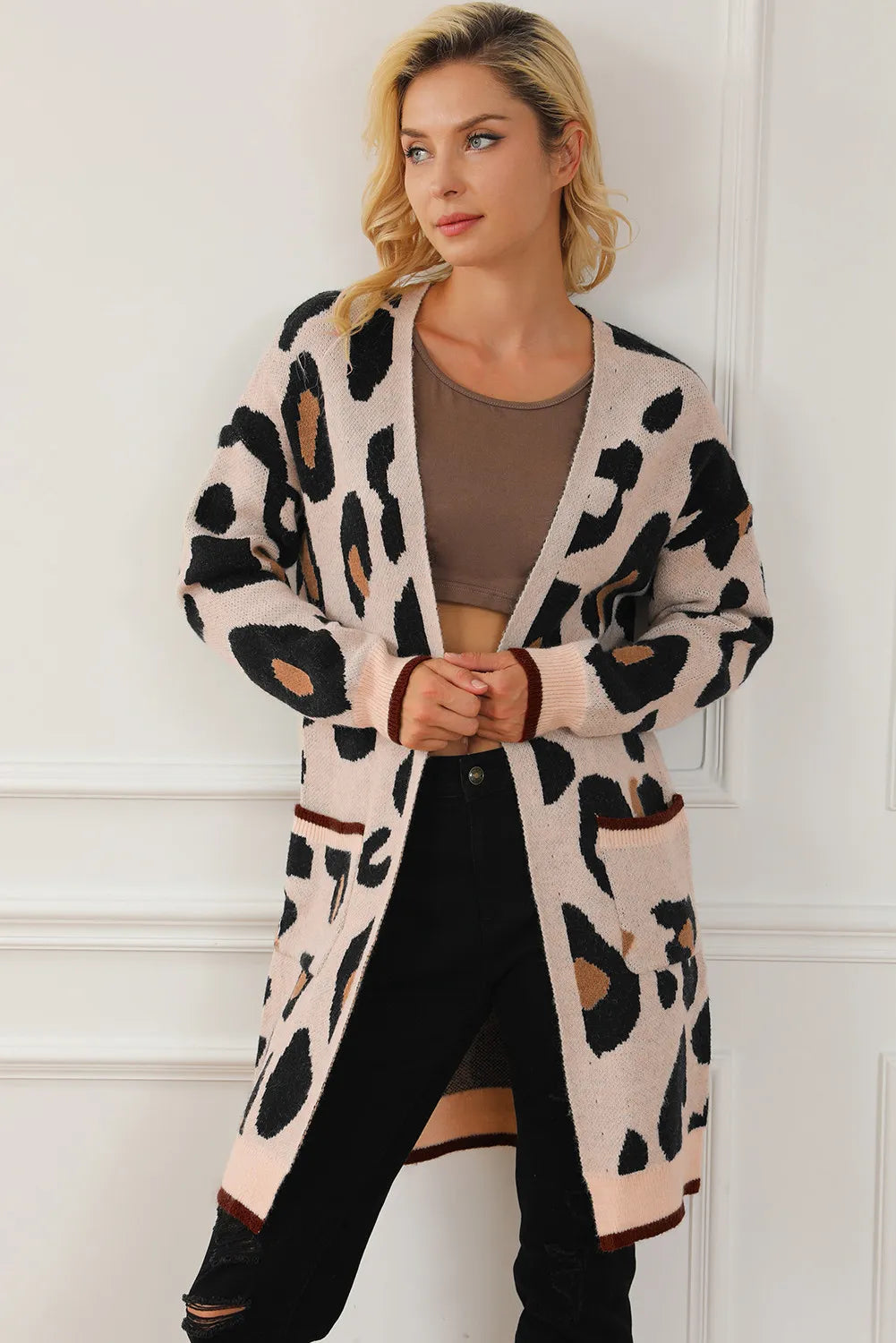 Leopard Open Front Long Sleeve Cardigan-Angel Casuals