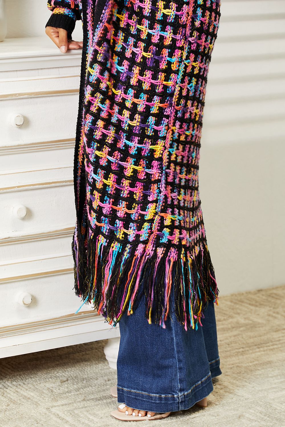 Full Size Multicolored Open Front Fringe Hem Cardigan-Angel Casuals