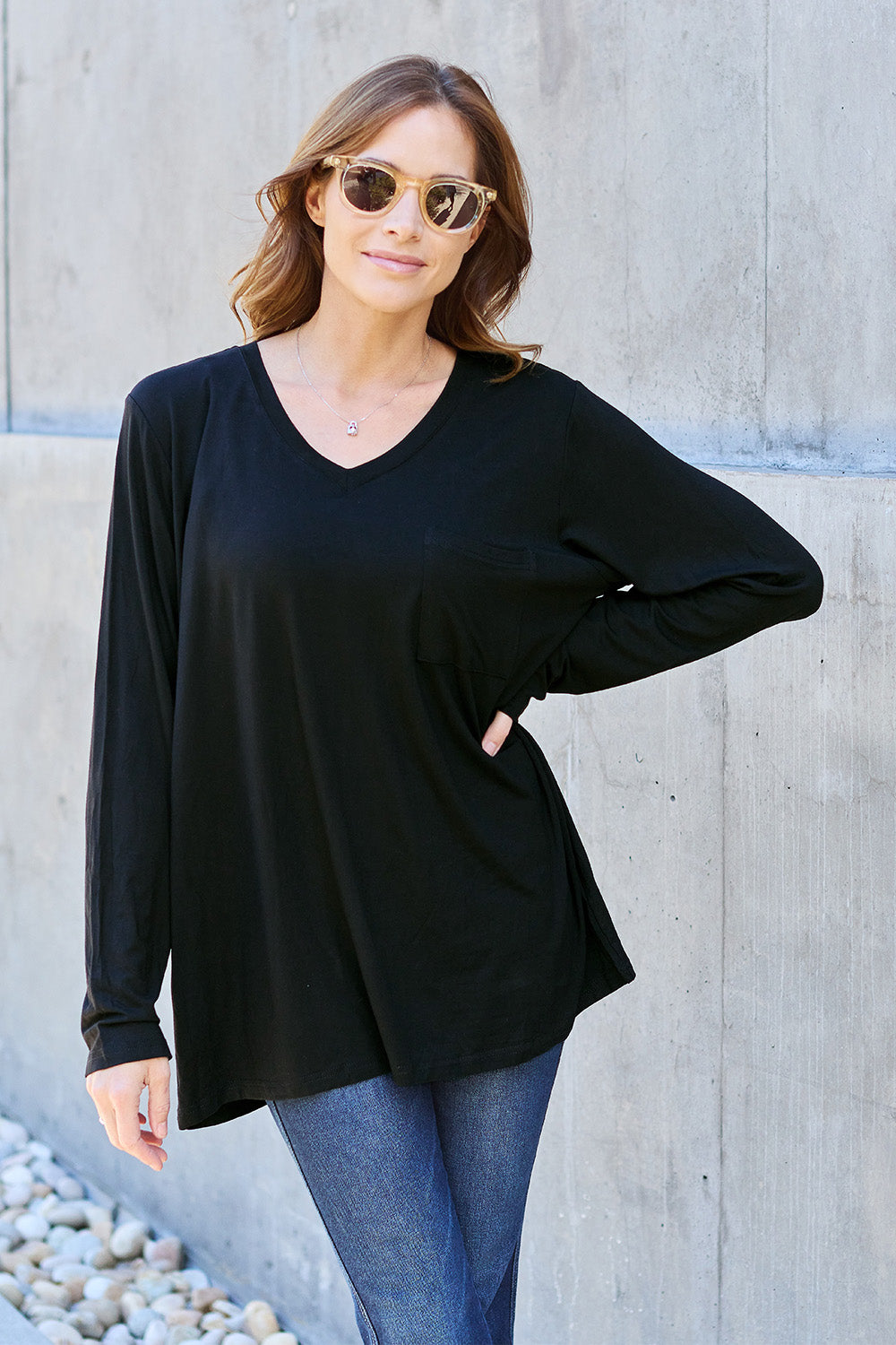 Basic Bae Full Size V-Neck Long Sleeve Top-Angel Casuals