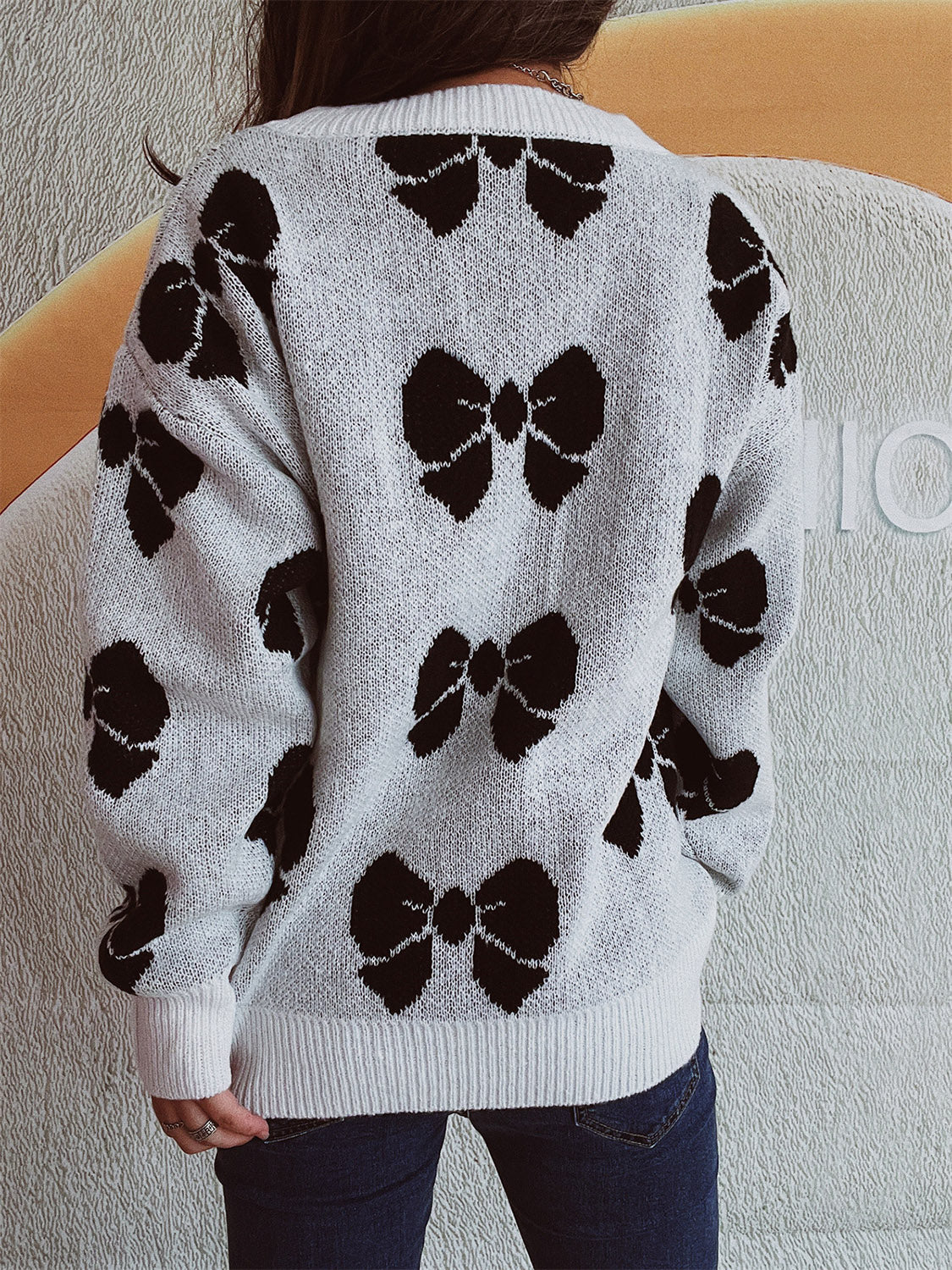 Bow Round Neck Dropped Shoulder Sweater-Angel Casuals