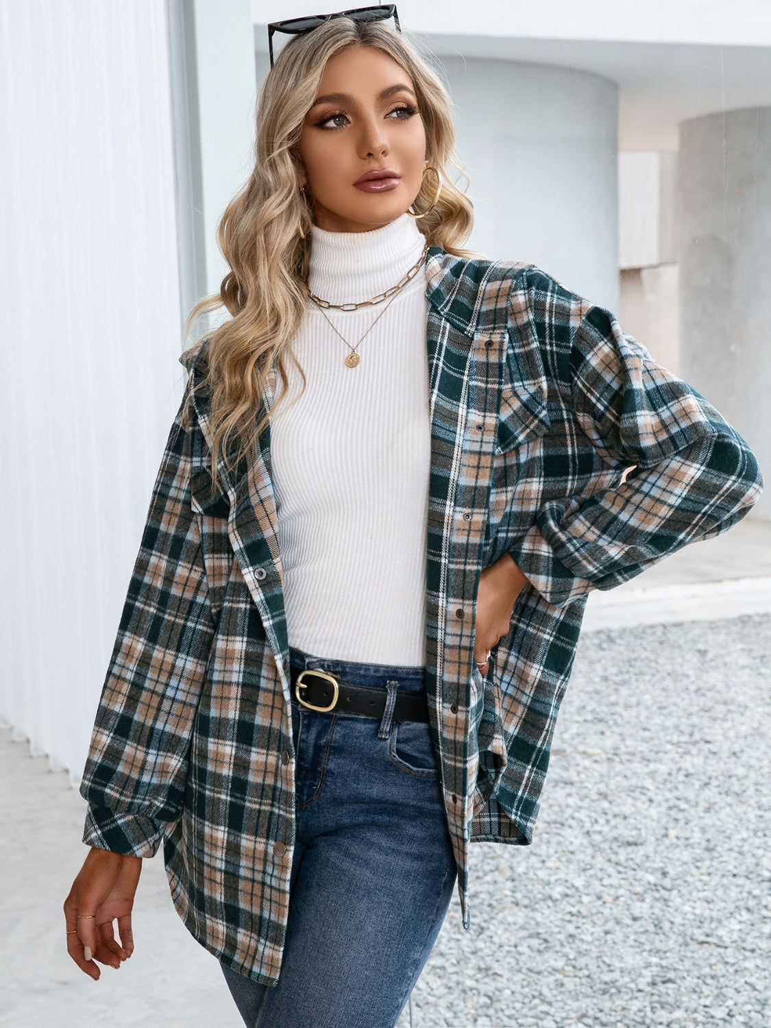 Ivy Lane Plaid Snap Down Hooded Jacket-Angel Casuals