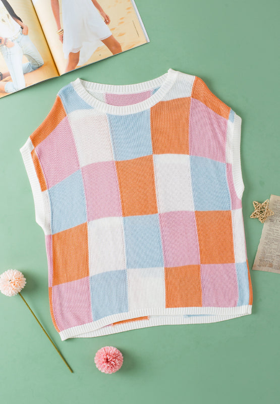 Contrast Plaid Round Neck Cap Sleeve Sweater-Angel Casuals