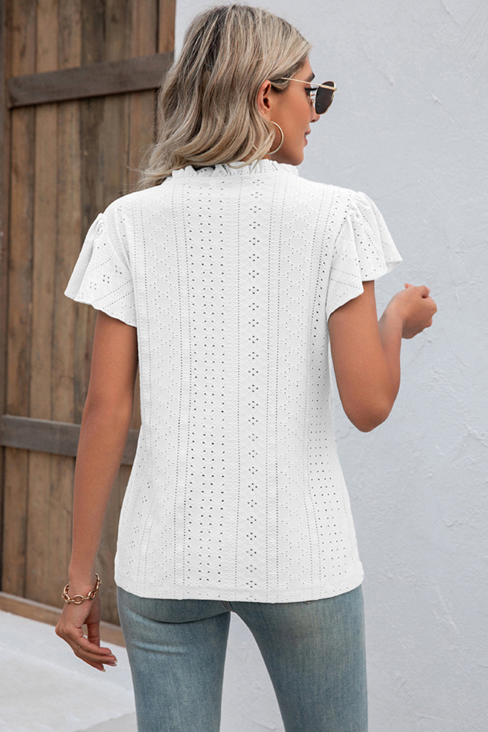 Eyelet Notched Flutter Sleeve T-Shirt-Angel Casuals