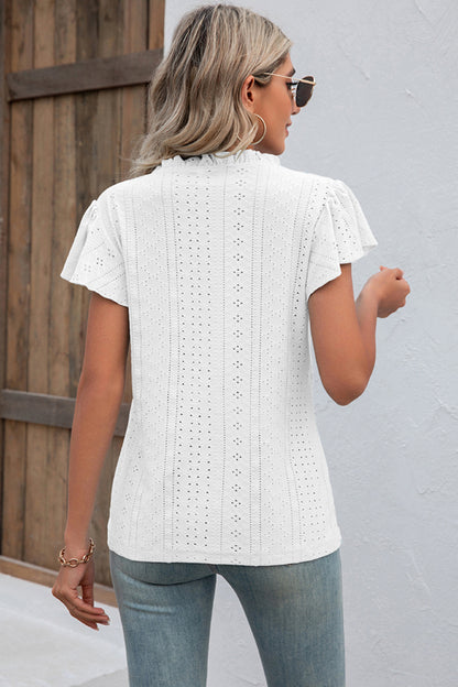 Eyelet Notched Flutter Sleeve T-Shirt-Angel Casuals