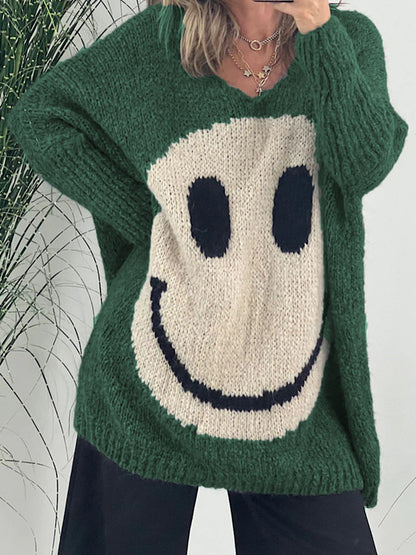 Smiling Face V-Neck Long Sleeve Sweater-Angel Casuals