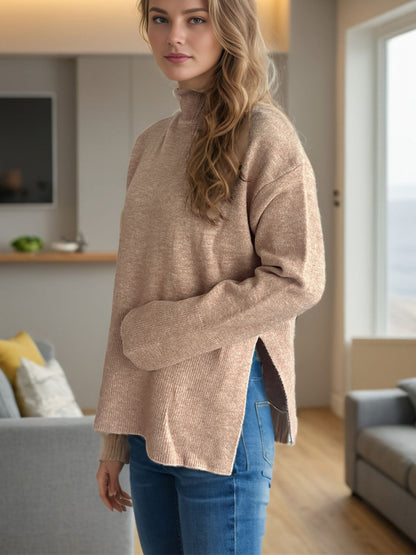 Side Slit Turtleneck Long Sleeve Sweater-Angel Casuals