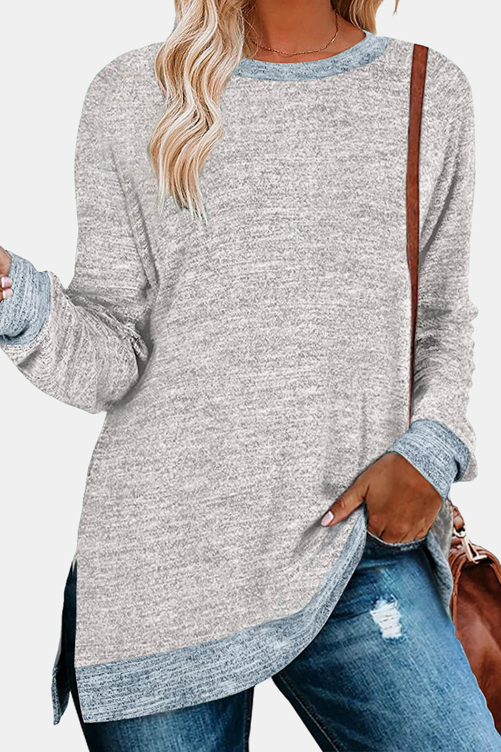 Round Neck Long Sleeve Slit T-Shirt-Angel Casuals