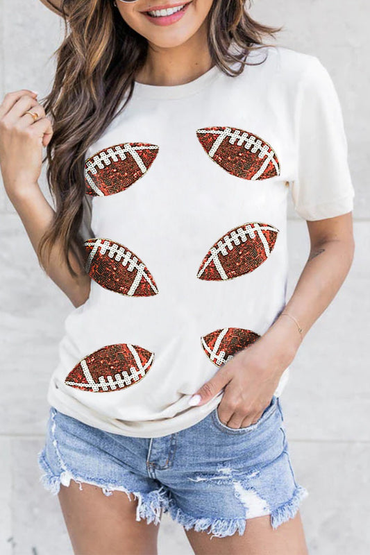 Sequin Football Round Neck Short Sleeve T-Shirt-Angel Casuals