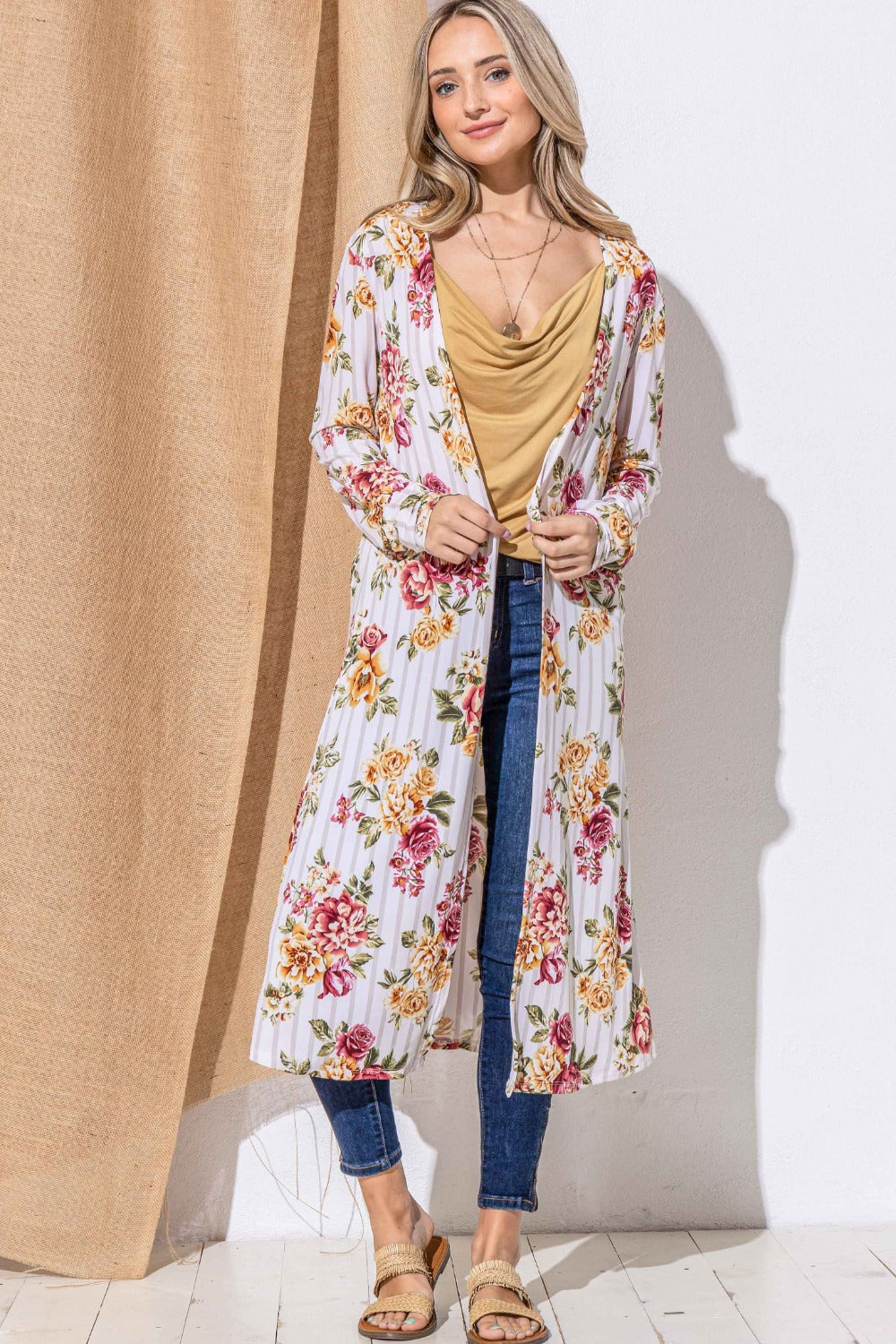 And The Why Floral Kimono Open Front Longline Cardigan-Angel Casuals