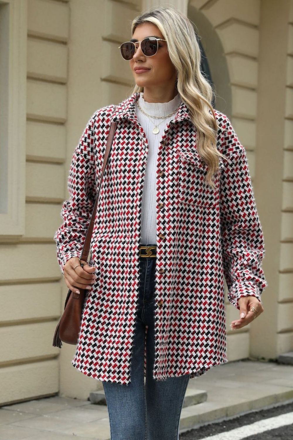 Houndstooth Button Up Dropped Shoulder Coat-Angel Casuals