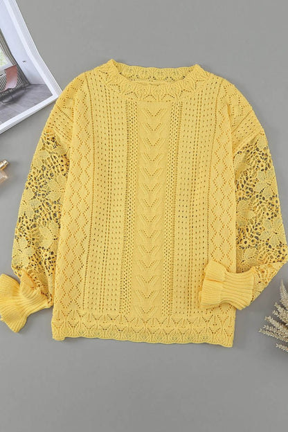 Openwork Round Neck Long Sleeve Sweater-Angel Casuals