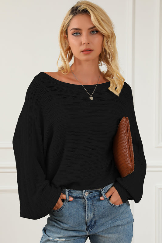 Openwork Boat Neck Lantern Sleeve Sweater-Angel Casuals