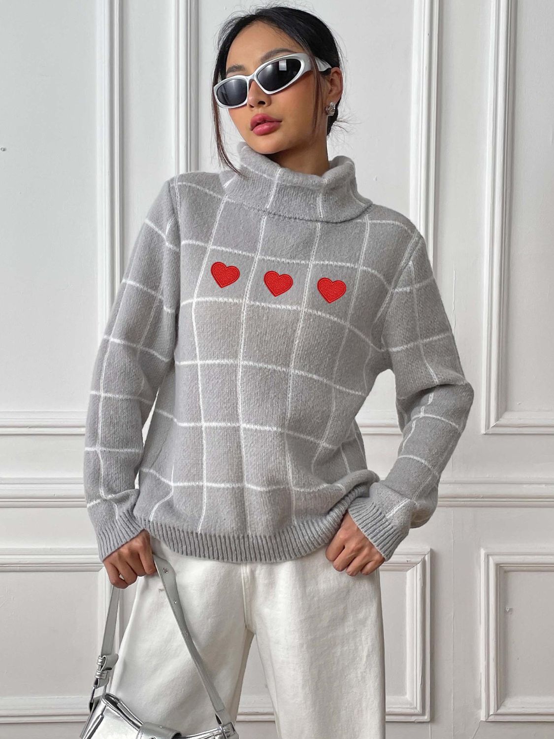 Heart Plaid Turtleneck Long Sleeve Sweater-Angel Casuals