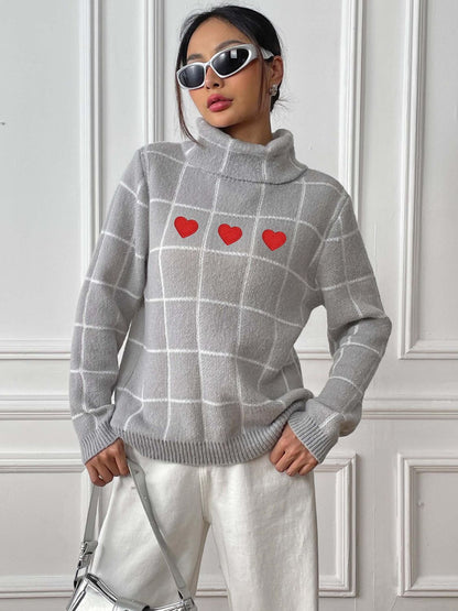 Heart Plaid Turtleneck Long Sleeve Sweater-Angel Casuals