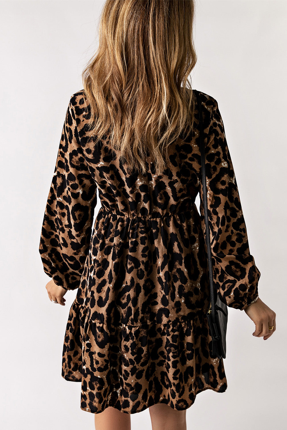 Leopard V-Neck Balloon Sleeve Tiered Dress-Angel Casuals