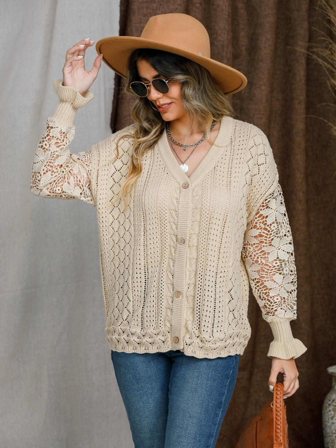 Eyelet Button Up Lantern Sleeve Cardigan-Angel Casuals