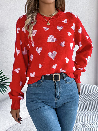 Heart Round Neck Long Sleeve Sweater-Angel Casuals