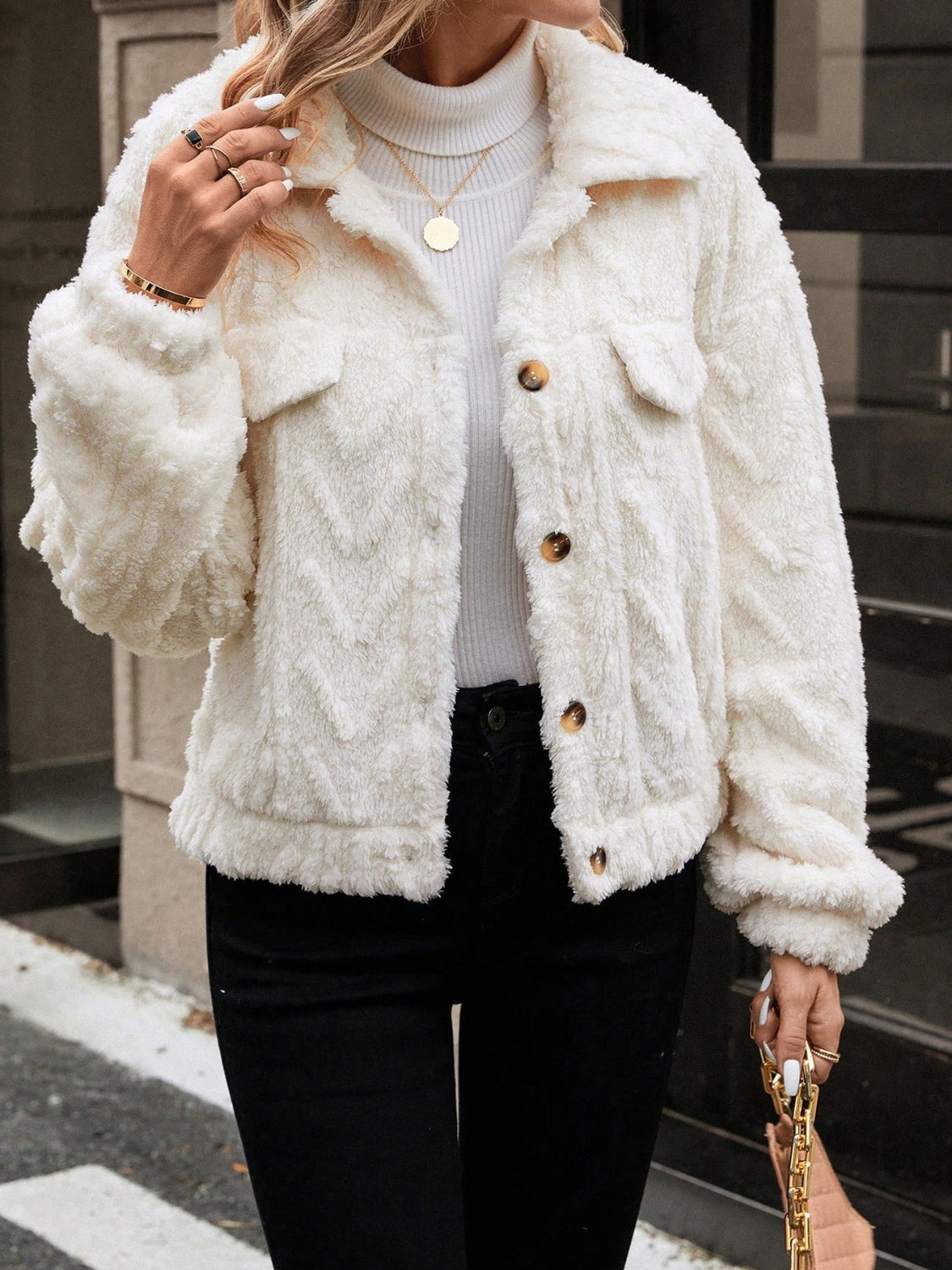 Button Up Long Sleeve Fuzzy Outerwear-Angel Casuals