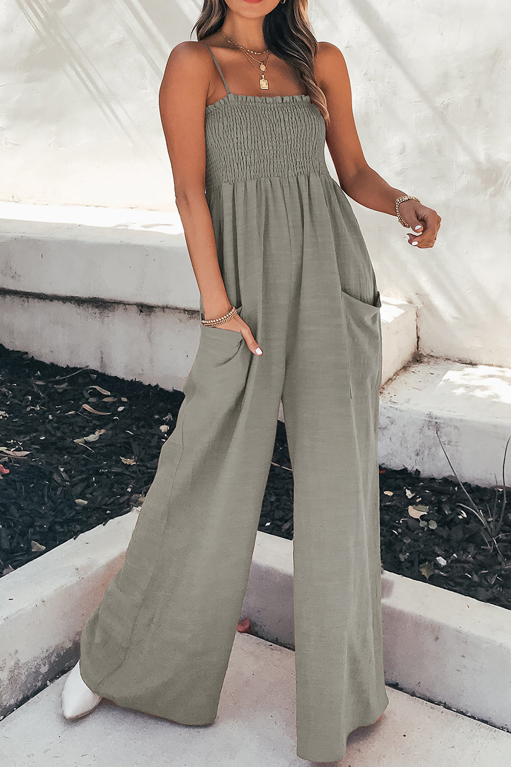 Smocked Spaghetti Strap Wide Leg Jumpsuit-Angel Casuals