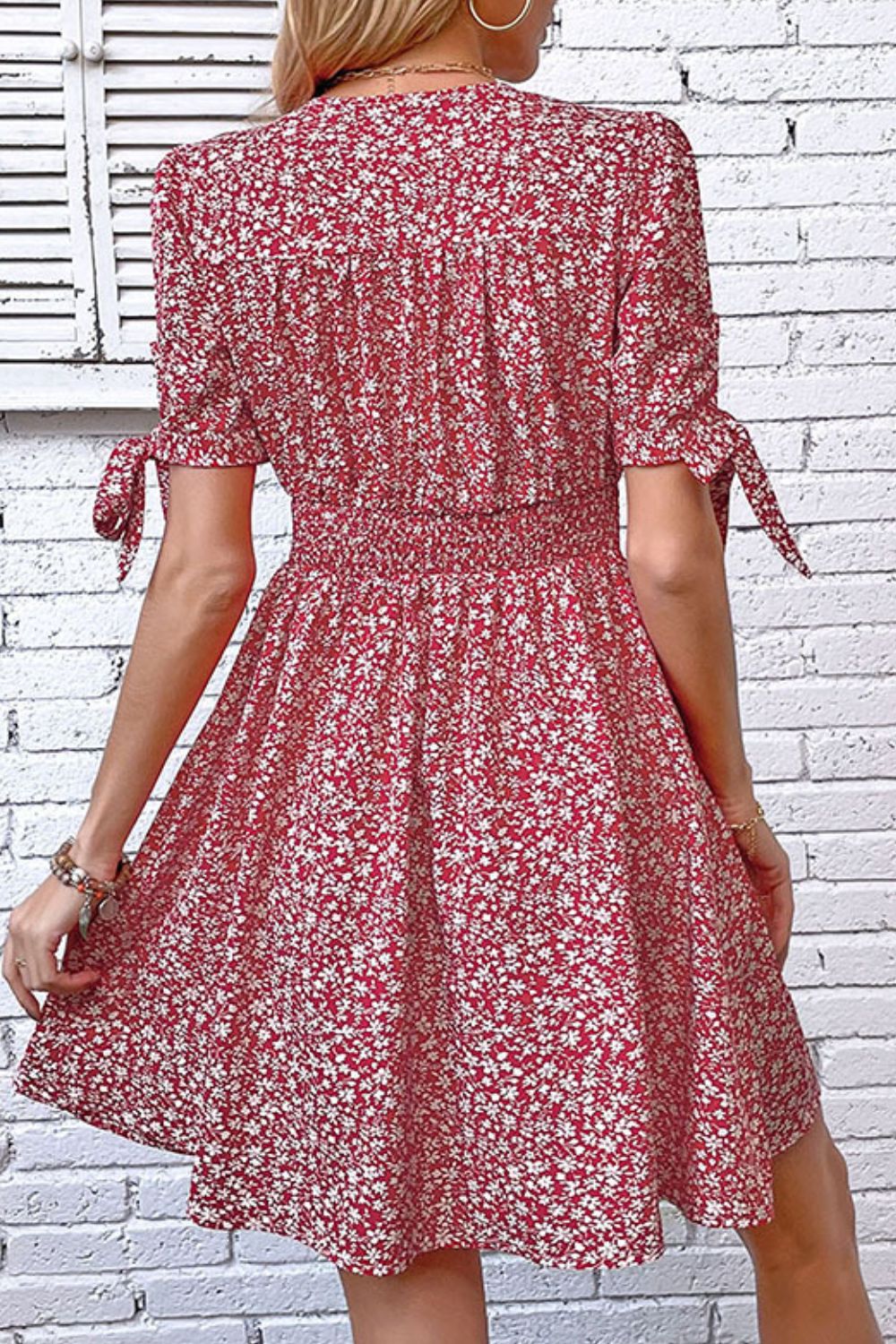 Ditsy Floral Tied Puff Sleeve Button Front Dress-Angel Casuals