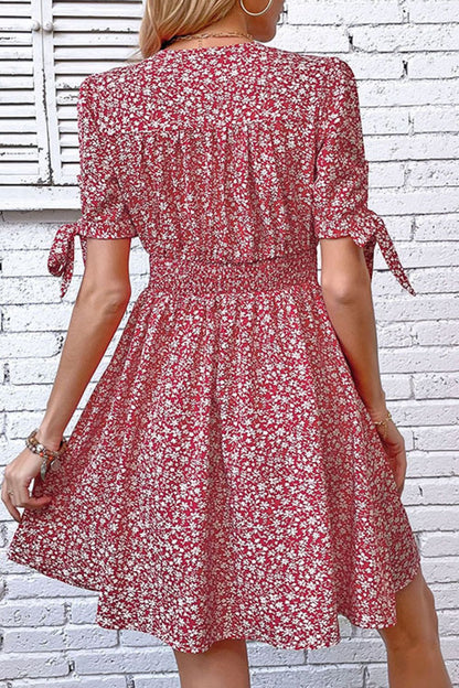 Ditsy Floral Tied Puff Sleeve Button Front Dress-Angel Casuals