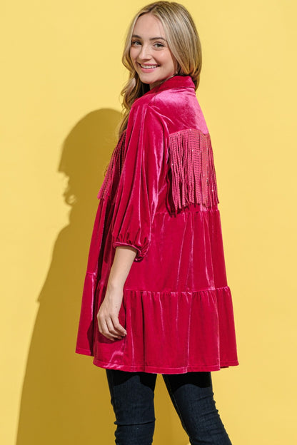 And The Why Fringe Detailed Velvet Shirt Dress-Angel Casuals