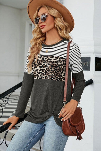 Leopard Striped Round Neck T-Shirt-Angel Casuals