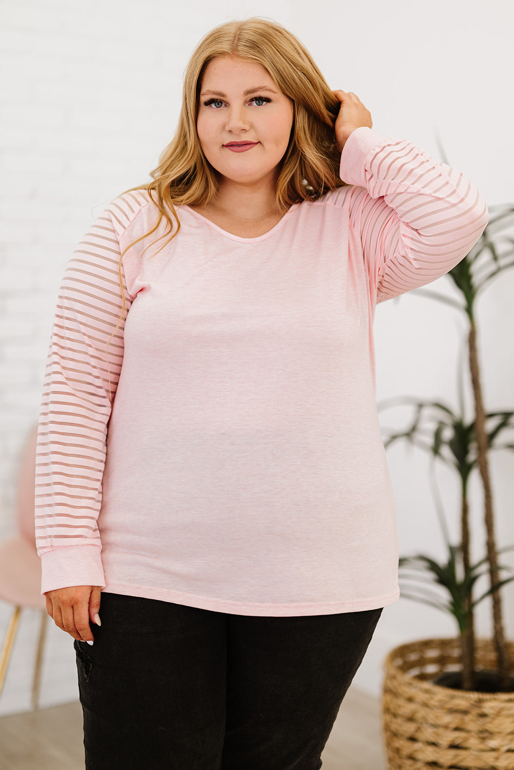 Plus Size Sheer Striped Sleeve V-Neck Top-Angel Casuals