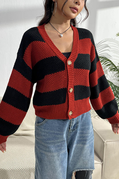 Striped Button Up Dropped Shoulder Cardigan-Angel Casuals