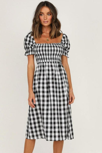 Full Size Slit Plaid Short Sleeve Midi Dress-Angel Casuals