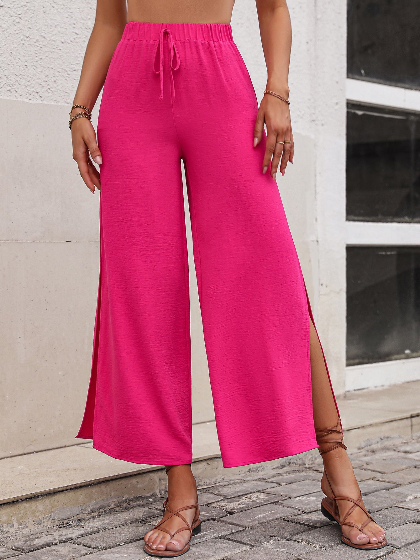 High Waist Slit Wide Leg Pants-Angel Casuals