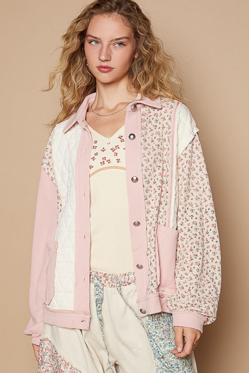 POL Floral Exposed Seam Button Up Quilted Jacket-Angel Casuals