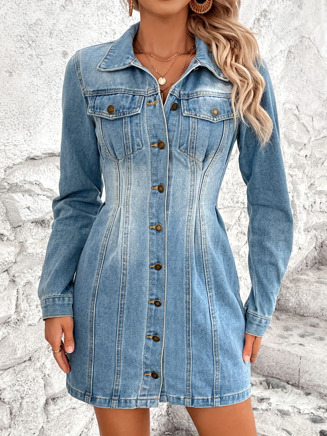 Pocketed Button Up Long Sleeve Denim Dress-Angel Casuals