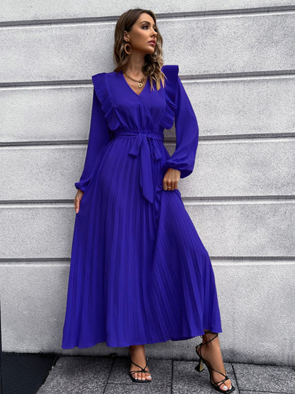 Pleated Surplice Tie Waist Maxi Dress-Angel Casuals