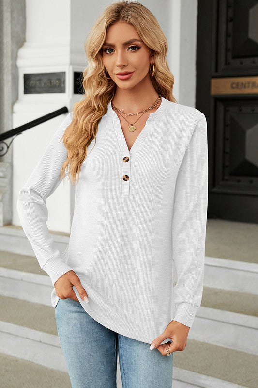 Waffle-Knit Notched Long Sleeve T-Shirt-Angel Casuals