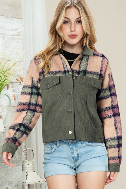 Plaid Collared Neck Button Down Jacket-Angel Casuals