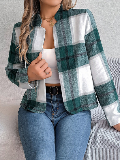 Plaid Open Front Long Sleeve Jacket-Angel Casuals