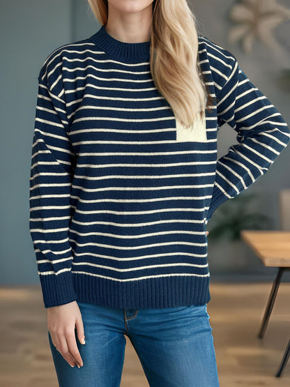 Striped Mock Neck Long Sleeve Sweater-Angel Casuals