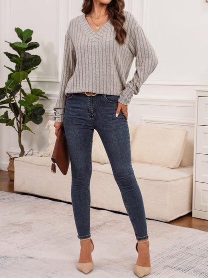 Ribbed V-Neck Long Sleeve T-Shirt-Angel Casuals